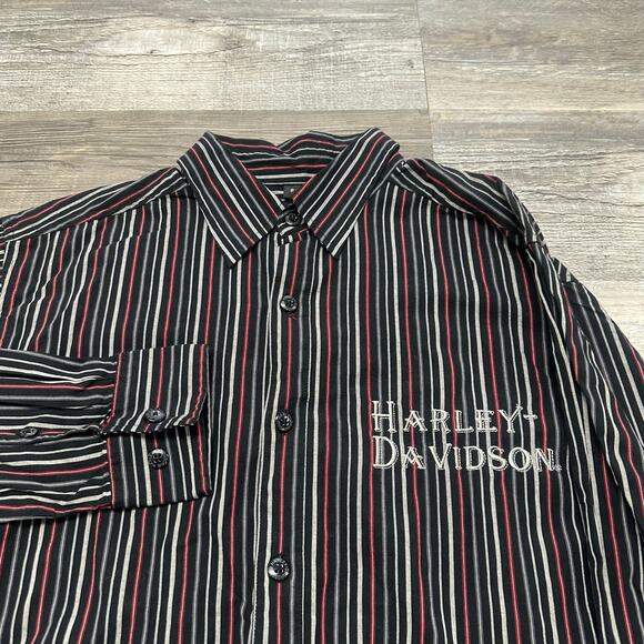 Vintage Y2K Harley Davidson Motorcycles Black Red Pinstripe Mens S Button Shirt‎ - Picture 1 of 8